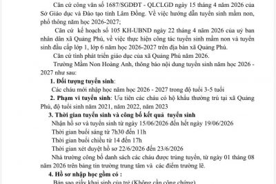 TRƯỜNG MẦM NON HOÀNG ANH XÃ QUẢNG PHÚ TỈNH LÂM ĐỒNG THÔNG BÁO TUYỂN SINH NĂM HỌC 2026-2027
