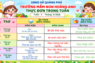 THỰC ĐƠN TUẦN 2 THÁNG 9/2026 CỦA TRƯỜNG MẦM NON HOÀNG ANH
