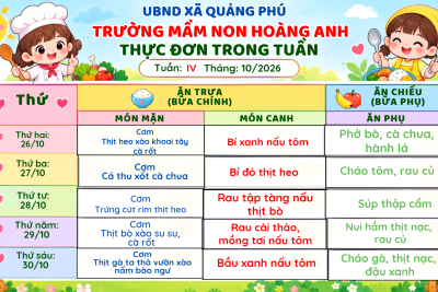 THỰC ĐƠN TUẦN 4 THÁNG 10 NĂM 2026